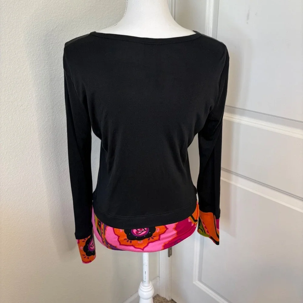 Amuse by Lynn Ritchie Silk Blend Long Sleeve Top Black Floral Trim Womens M Y2K